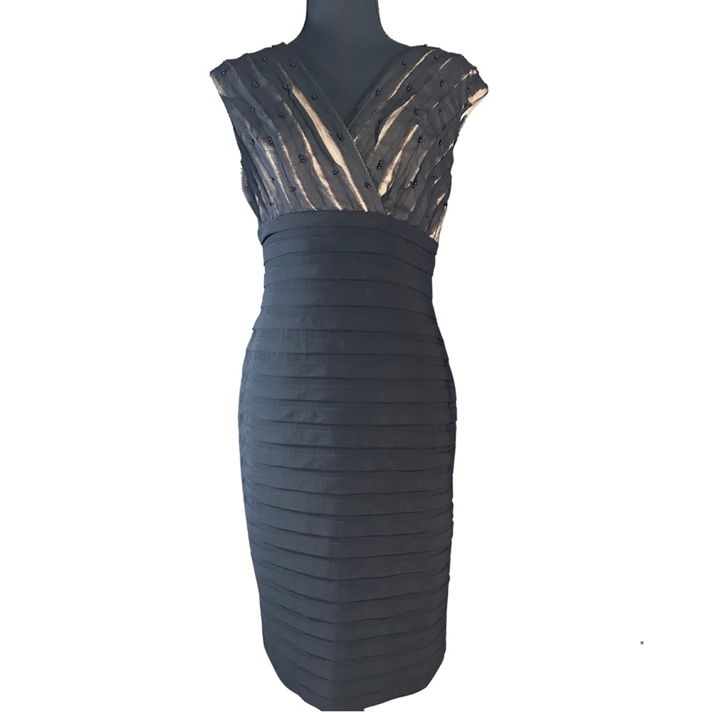Adrianna Papell Black Beaded Teared Midi Dress